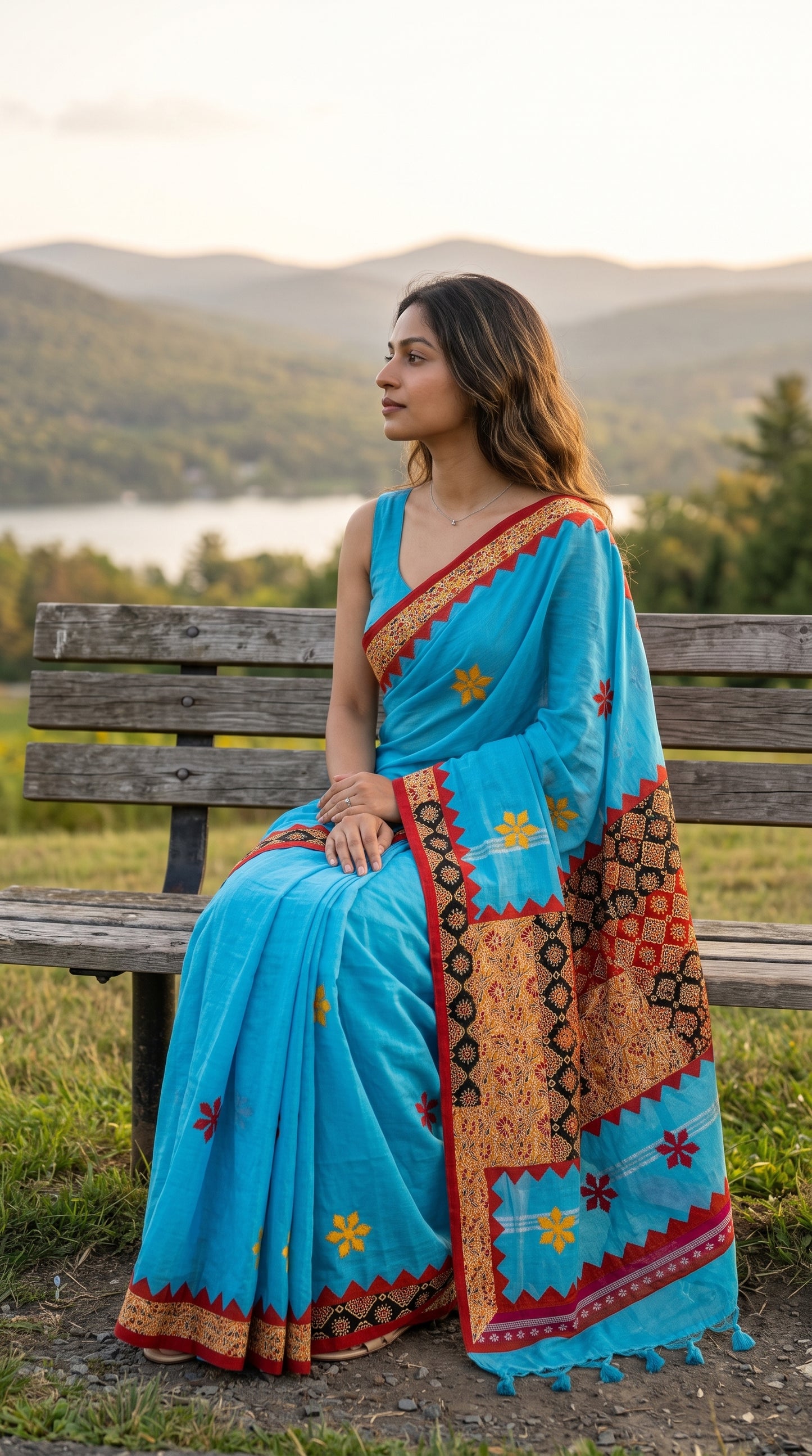 Model seated on a rustic wooden bench looking out at green rolling hills and a lakeside view, beautifully spreading out the heavy printed patchwork pallu and fringe tassels of a sky blue saree
