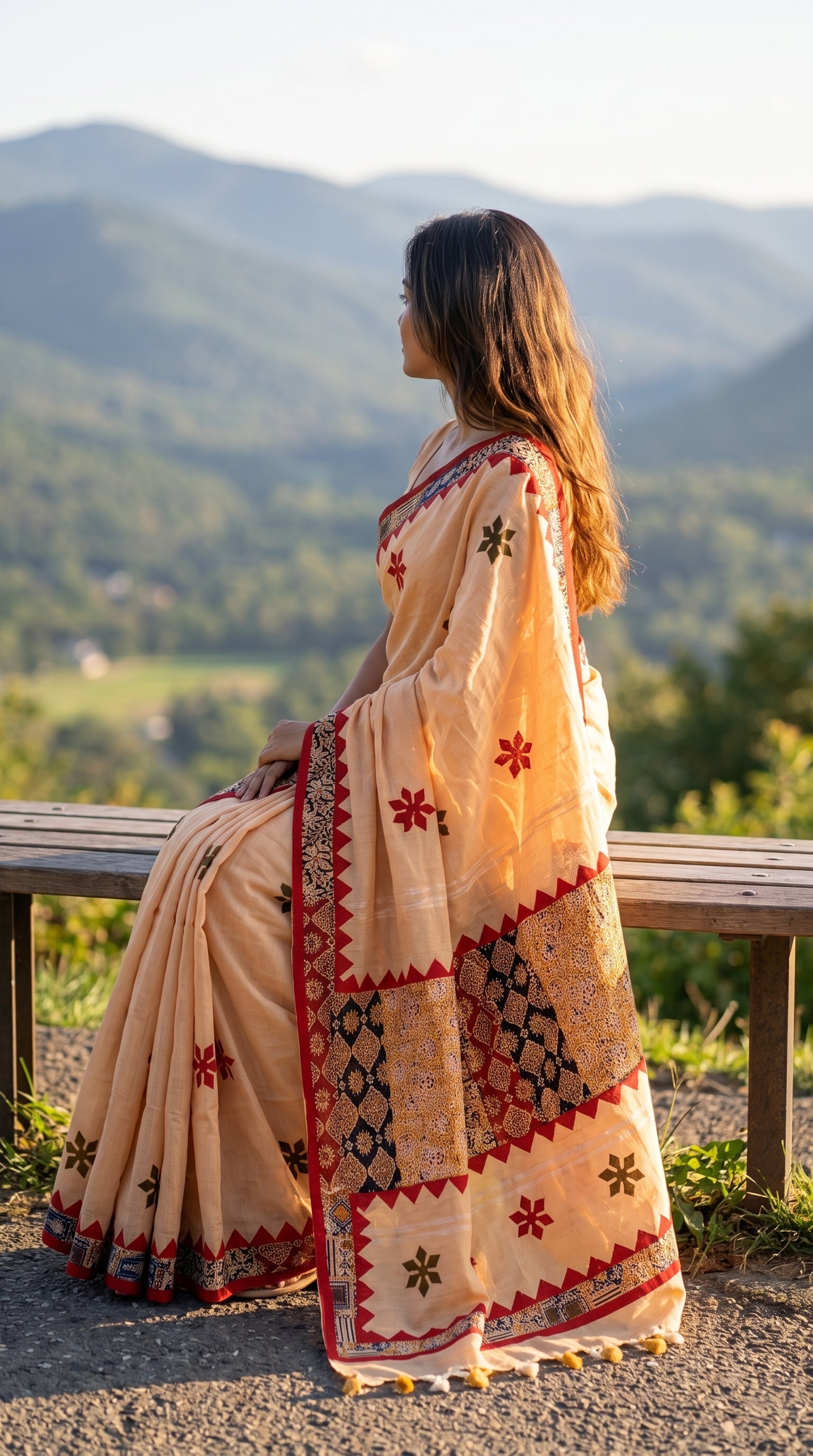 Model sitting on a wooden bench looking out at scenic green rolling hills and mountains, beautifully spreading out the heavy printed patchwork pallu and fringe tassels of a beige cotton linen saree
