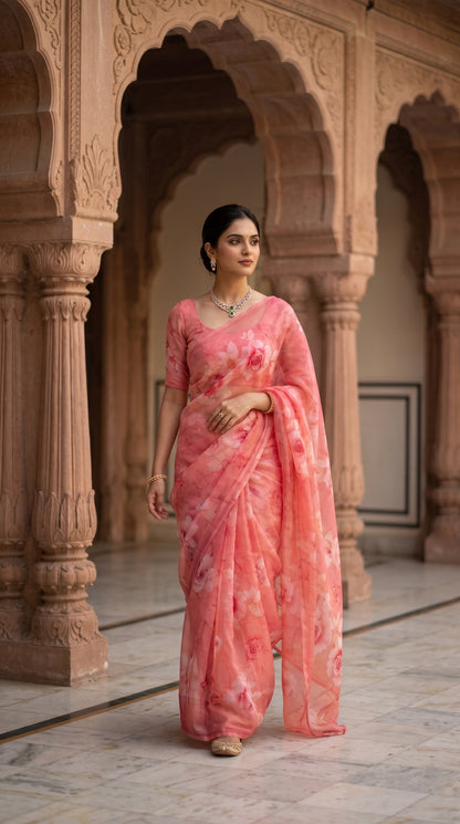 Full-length image of a woman walking through a classic arched palace corridor, displaying the elegant straight silhouette and light-catching translucency of a peach blush floral saree
