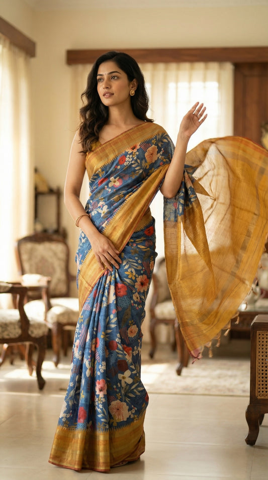 Woman wearing a Blue Silk Blend Saree with Mustard border and digital floral print in a room setting.