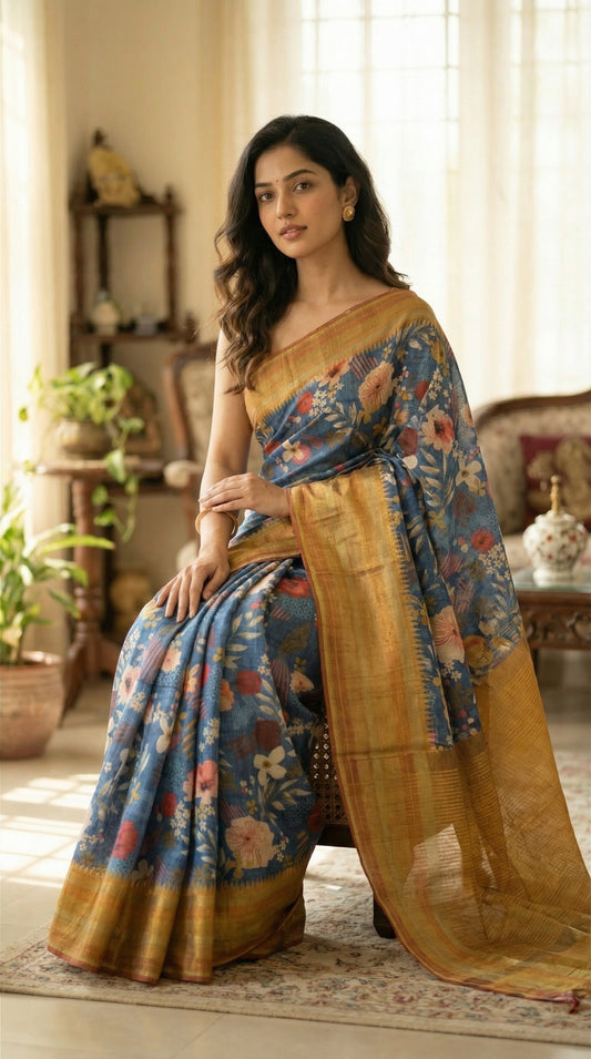 Woman wearing a Blue Silk Blend Saree with Mustard border and digital floral print indoors.