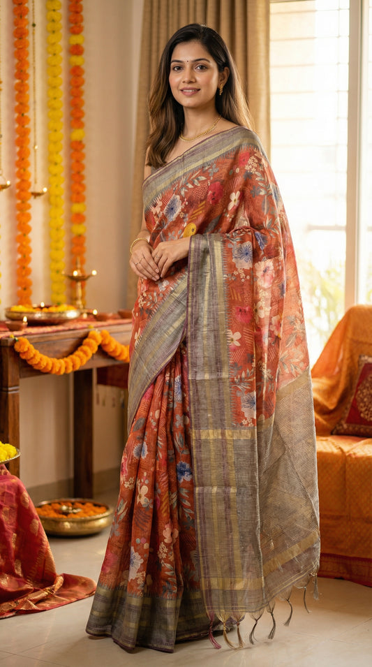 Woman wearing Burnt Orange Blend Saree with Grey border and digital floral print, standing in her living room.