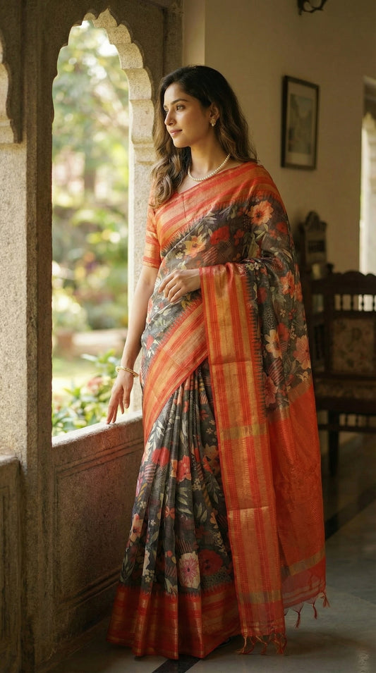 Woman wearing Grey Silk Blend Saree with Red border and digital floral print standing at the center of a grand, arched heritage doorway with hands loosely clasped in front.