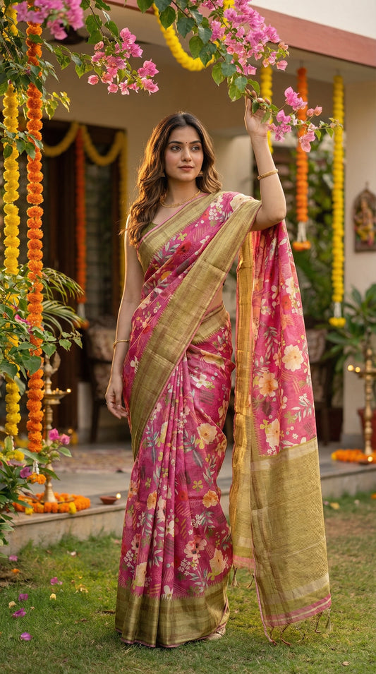 Woman wearing Magenta Blend Saree with Green border and digital floral print standing in a garden in front of her house.