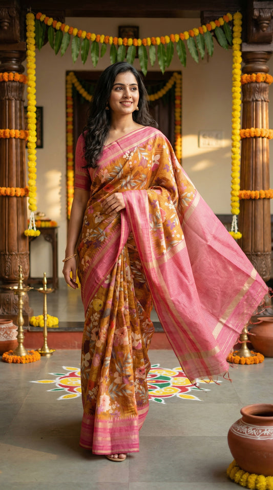 Woman wearing Orange Blend Saree with Magenta border and digital floral print and standing in front of her home.