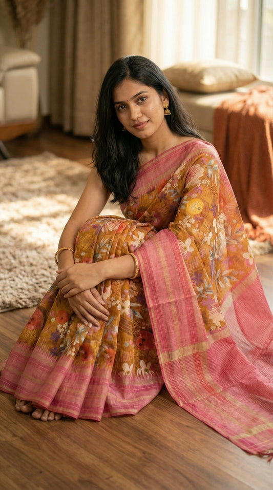 Woman wearing Orange Blend Saree with Magenta border and digital floral print, sitting comfortably on the floor near a rug in her living room.