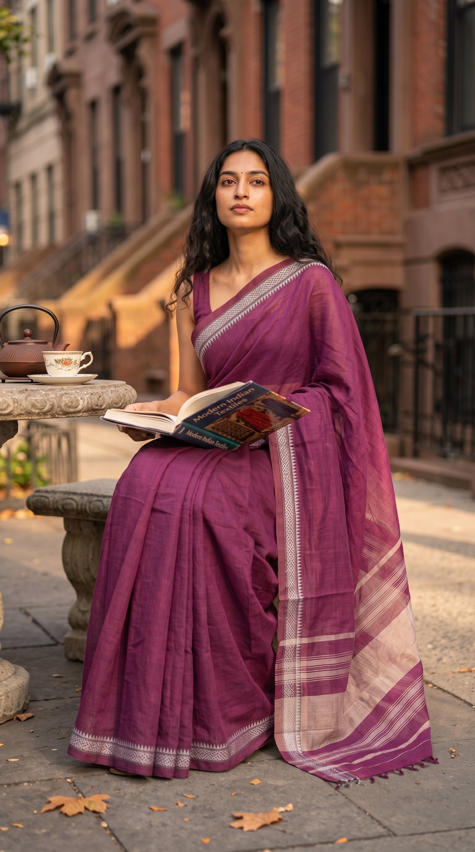 A model seated on a stone bench on an urban sidewalk holding an open book, showcasing the clean pleats and white geometric temple border of a magenta cotton saree