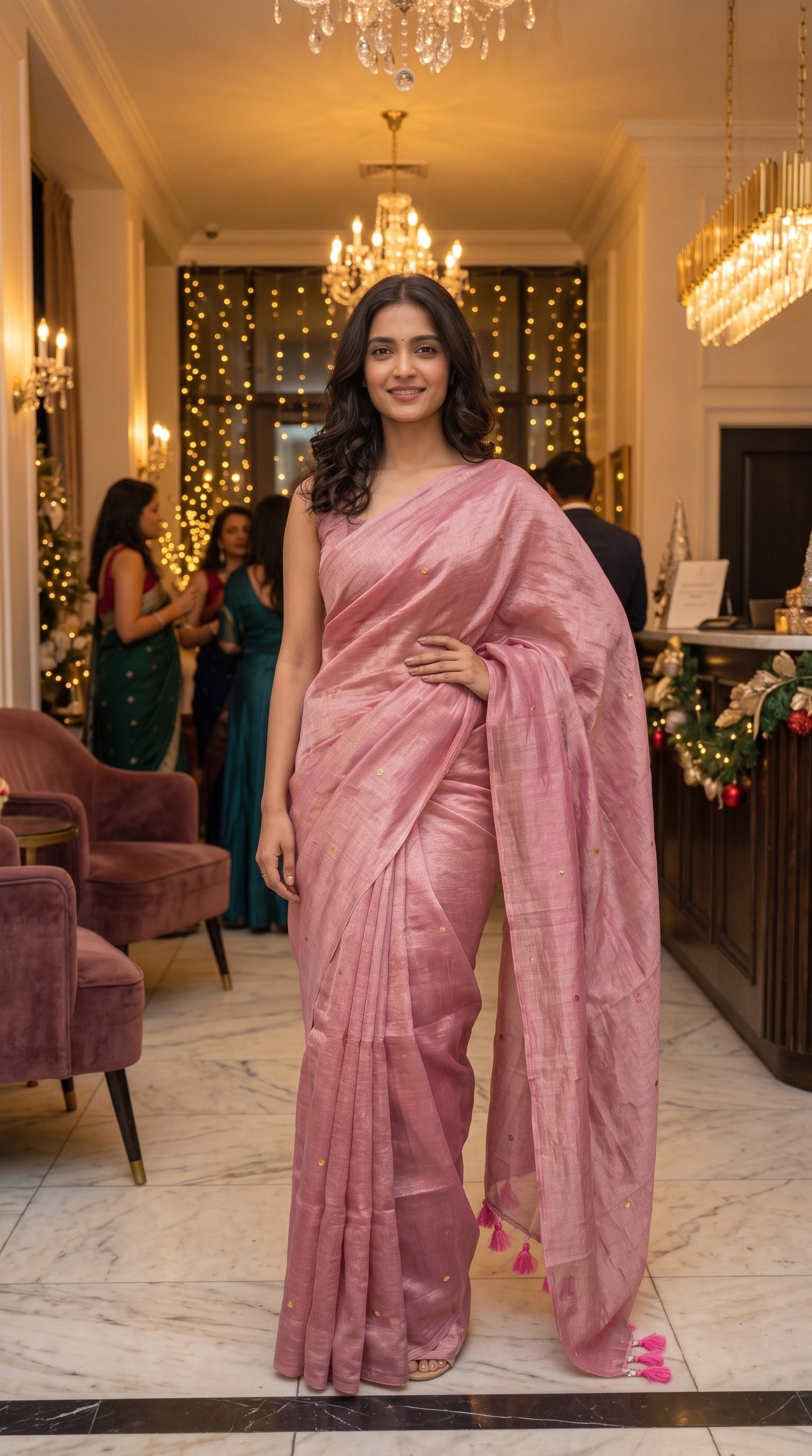 Full-length portrait of a woman posing in a festive boutique hotel lobby under chandeliers, showcasing the elegant straight silhouette and shimmer of her pink cotton tissue saree