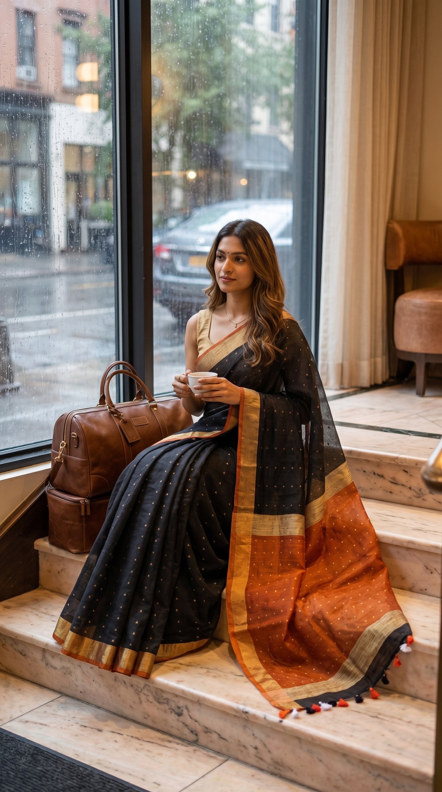 Model seated on indoor marble stairs next to a large window in the rain, holding a cup and beautifully spreading out the contrast orange organza pallu of her black saree