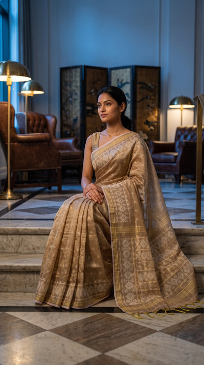 Model seated gracefully on marble indoor stairs in a dimly lit boutique hotel lobby, beautifully spreading out the intricate geometric pallu and gold-striped borders of her beige Jamdani saree