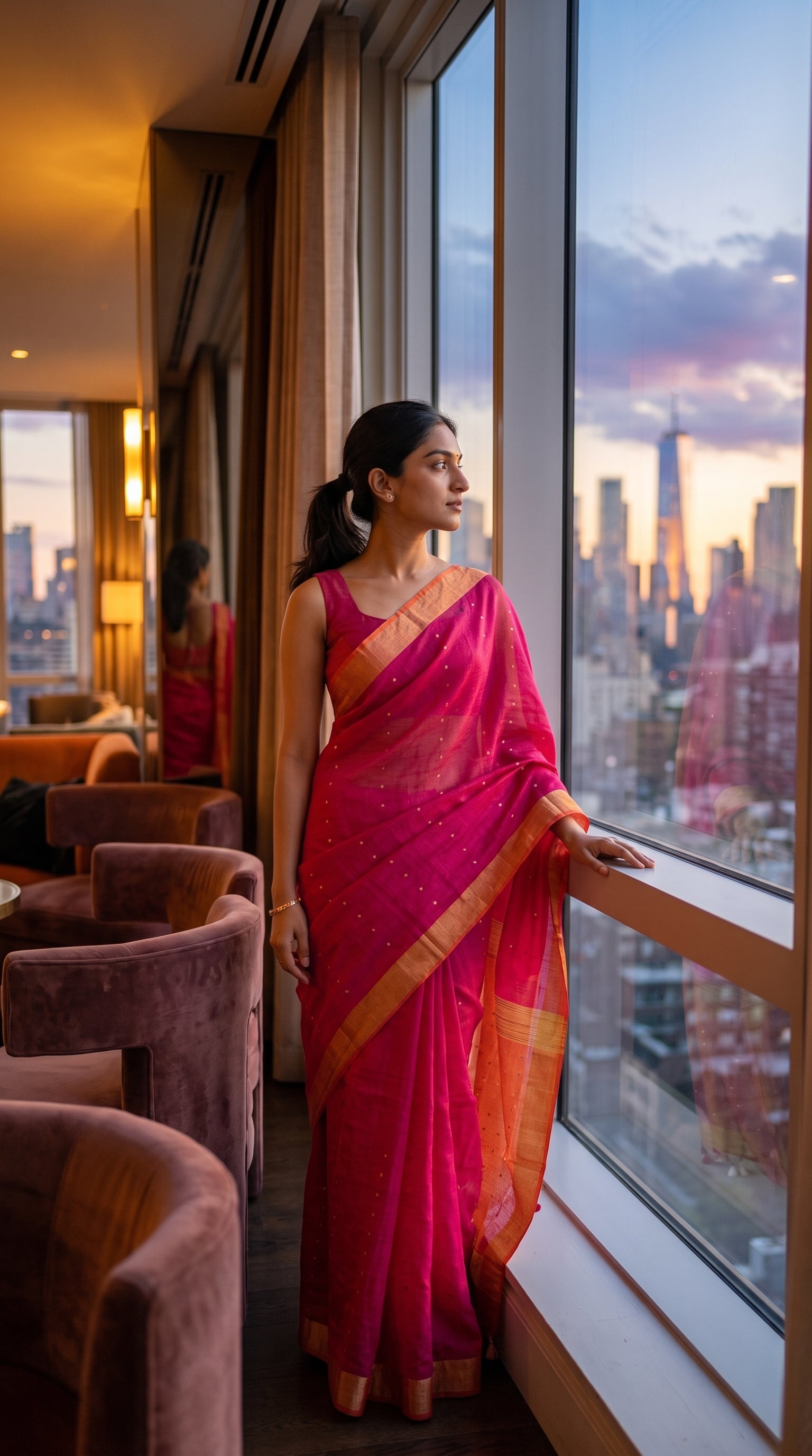 A woman standing by a large hotel window overlooking a city skyline at sunset, showcasing the elegant fit and straight silhouette of her magenta and orange saree