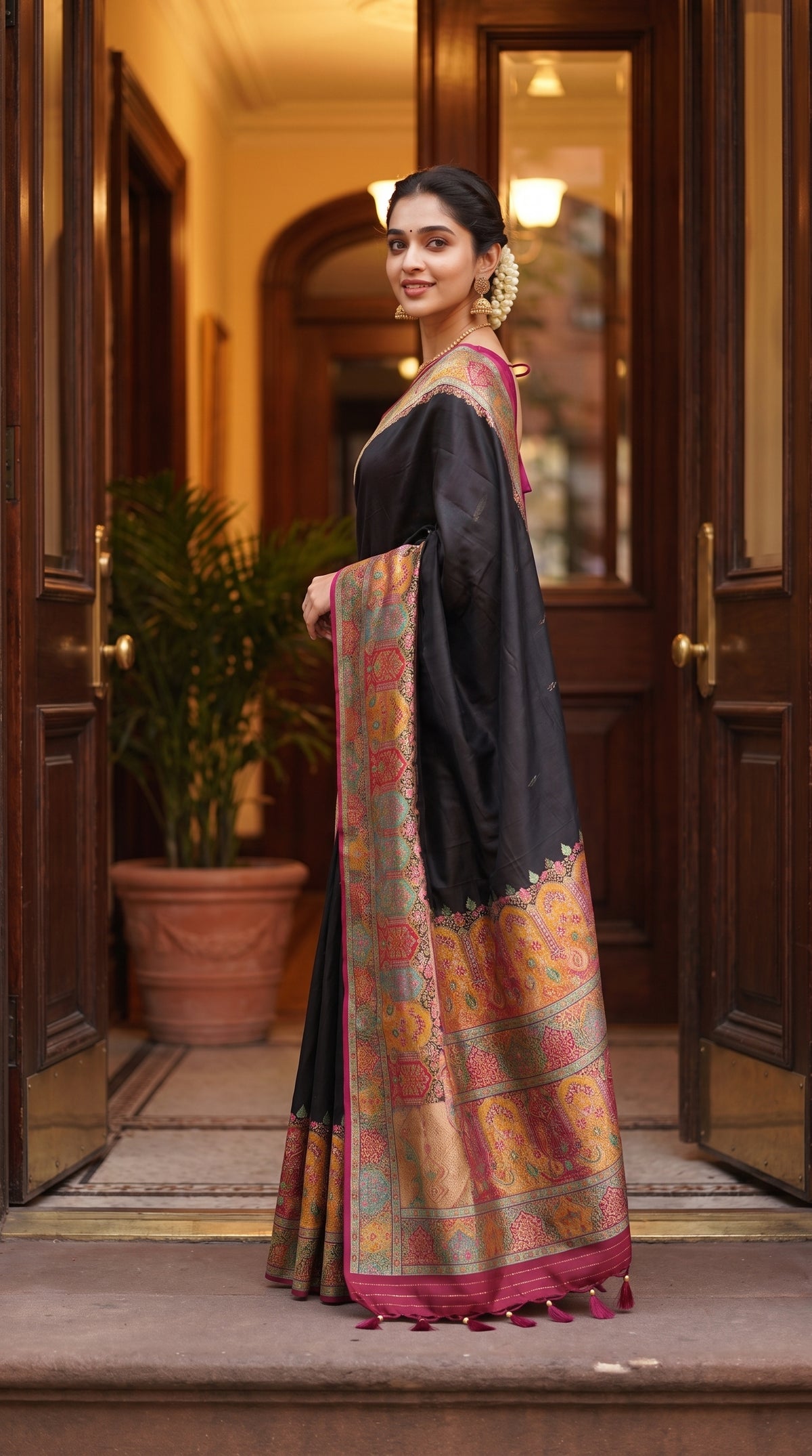 A side view of a woman standing outside a modern corporate boardroom, showcasing the elegant drape and detailed multicolored Kani borders of her black silk saree