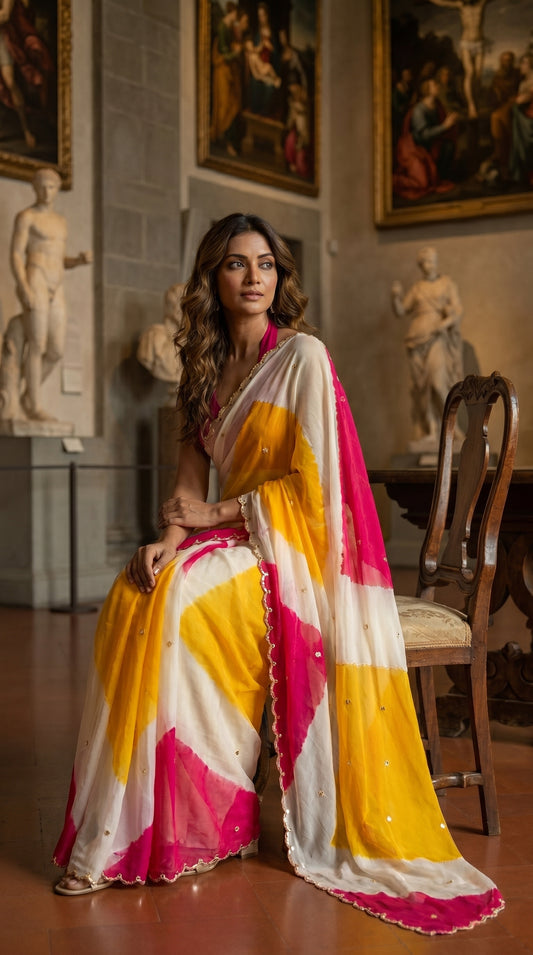 A woman draped in an ivory chiffon saree with yellow and fuchsia abstract prints sitting thoughtfully on a classic wooden chair in a museum gallery