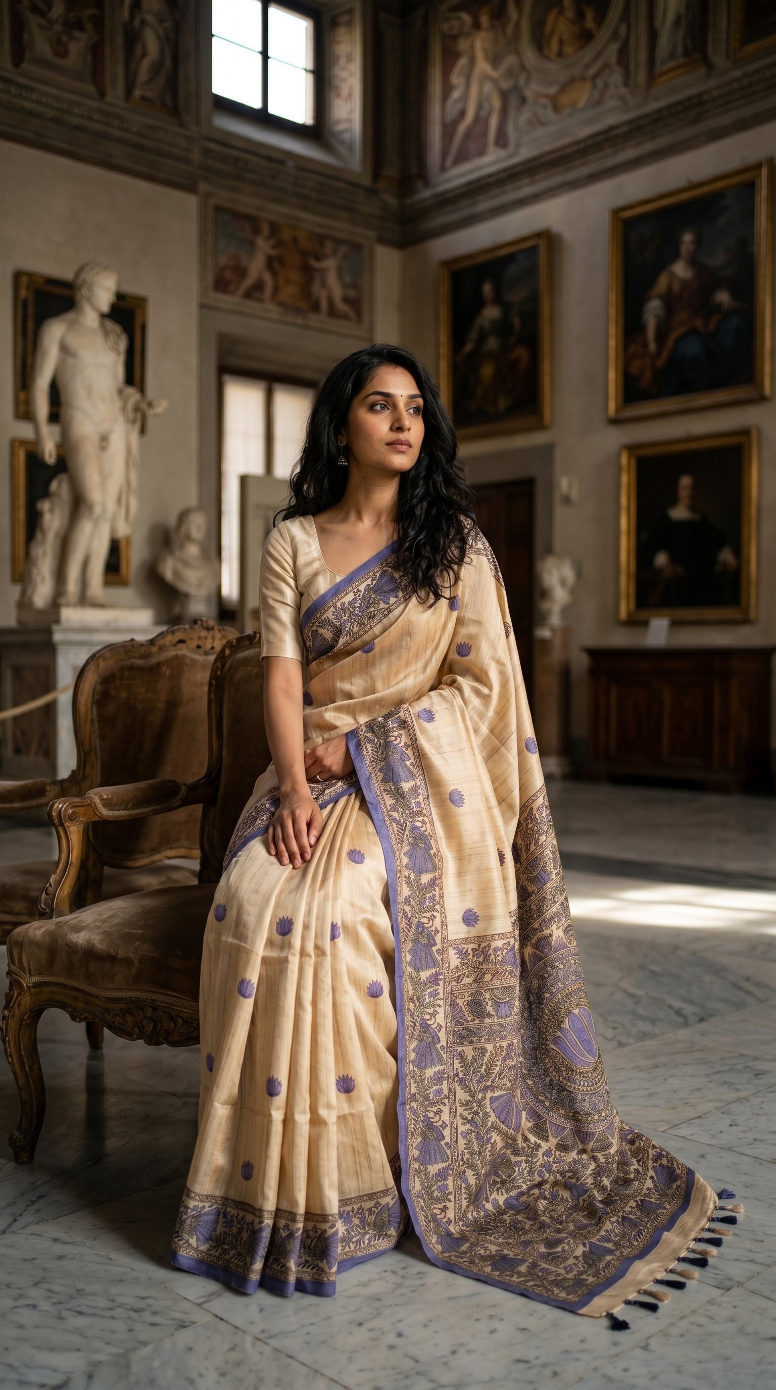 Model sitting on a classic wooden chair inside an art gallery, displaying the elegant pleats and purple lotus prints of a blended Tussar silk saree