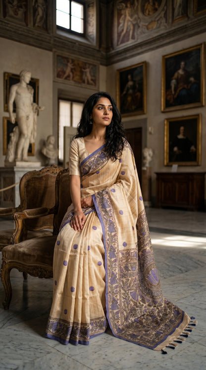 Model sitting on a classic wooden chair inside an art gallery, displaying the elegant pleats and purple lotus prints of a blended Tussar silk saree