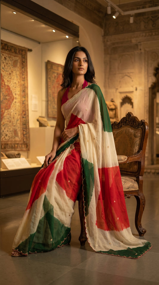 A woman sitting on a vintage wooden chair in a museum gallery, displaying the intricate gold detailed borders of her pure chiffon saree