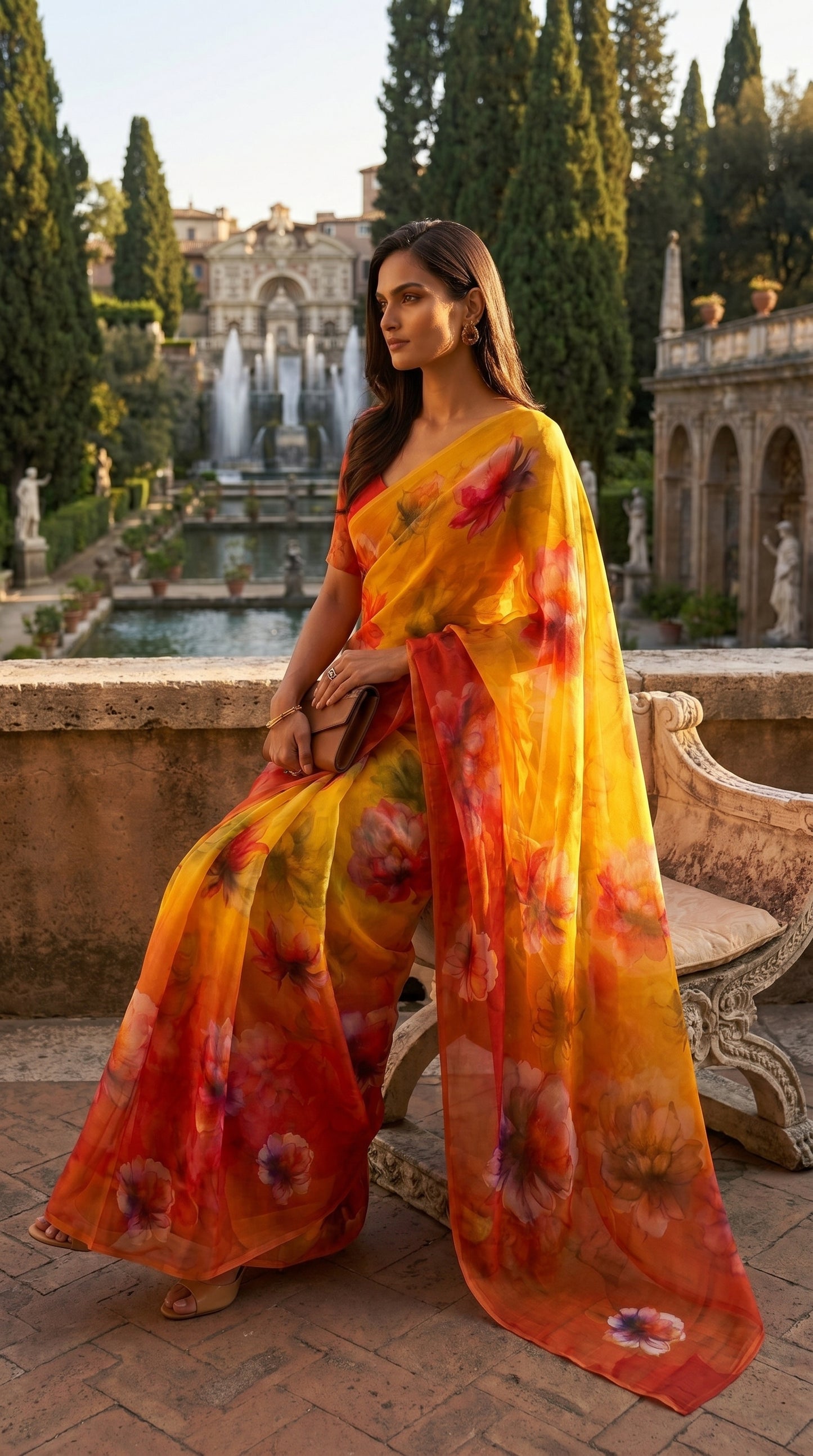 A woman wearing a marigold yellow floral printed chiffon saree sitting gracefully on a stone terrace wall with fountains behind her