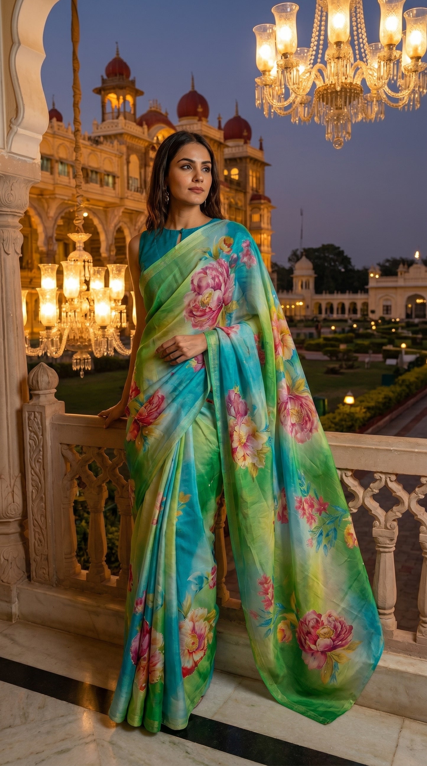 Model wearing a fluid blue and green floral chiffon saree leaning on a palace balcony under a glowing crystal chandelier