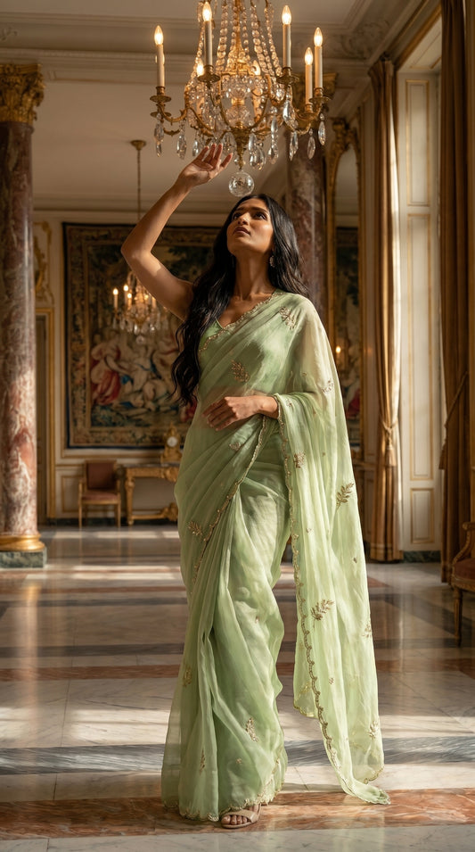 Full-length editorial shot of a woman looking up towards a grand crystal chandelier, showcasing the long, sweeping drape of a sage green chiffon pallu