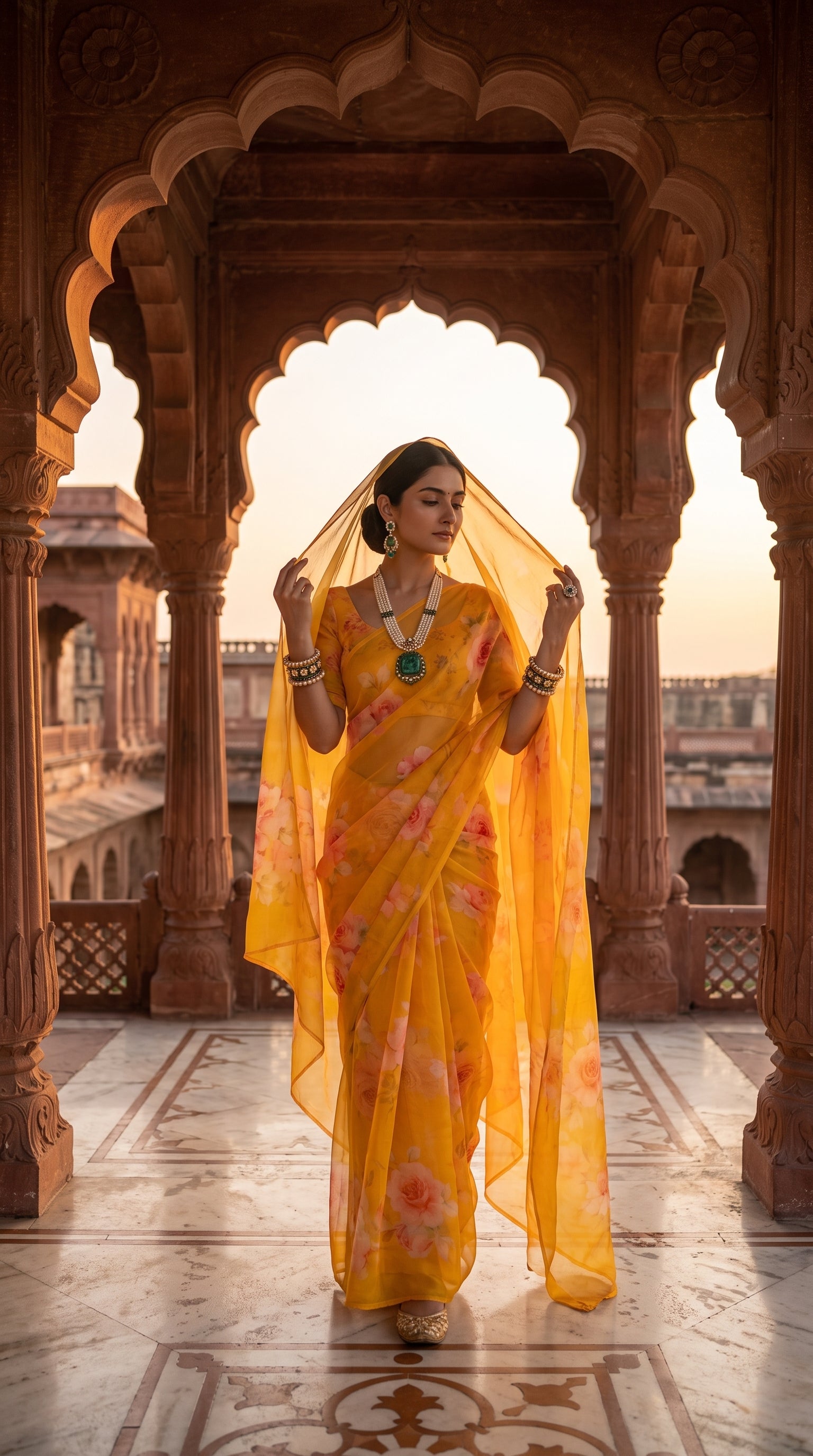 A portrait of a woman standing beneath a stone palace archway holding a sheer yellow veil over her head, showcasing the romantic rose prints of her sunset yellow pure chiffon saree