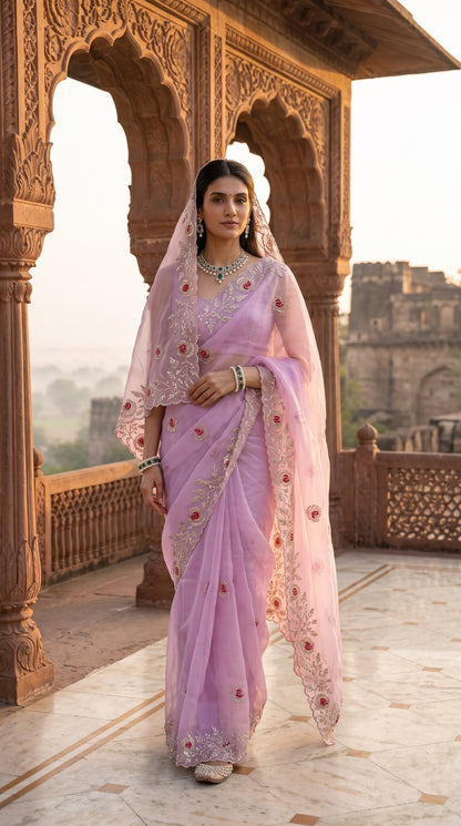 A full-length portrait of a woman standing on a stone palace terrace at sunrise with her pallu draped over her head, showcasing the translucent drape and scalloped hand-embroidery of her lilac organza saree