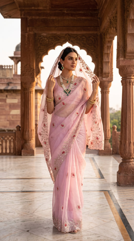 A full-length portrait of a woman standing beneath sandstone palace arches with her embroidered sheer pallu draped gracefully over her head, displaying the fine Resham floral motifs of her pink pure organza saree