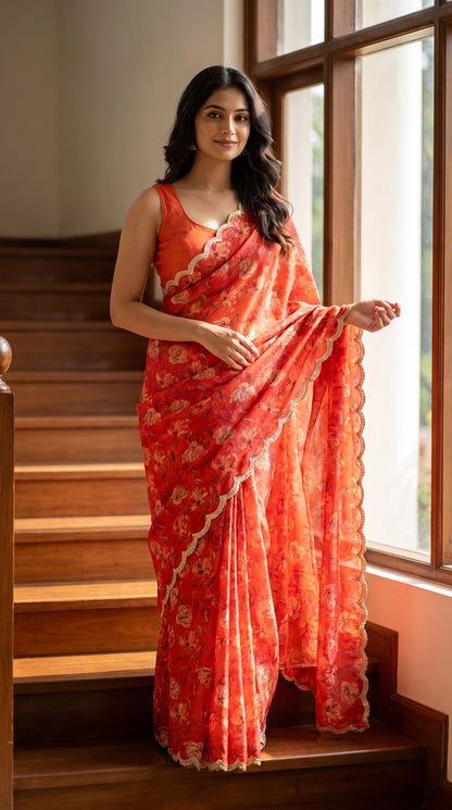 A full-length front portrait of a woman posing on an elegant indoor wooden staircase, showcasing the modern styling, soft watercolor floral print, and shimmering gold scalloped border of her burnt orange silk chiffon saree