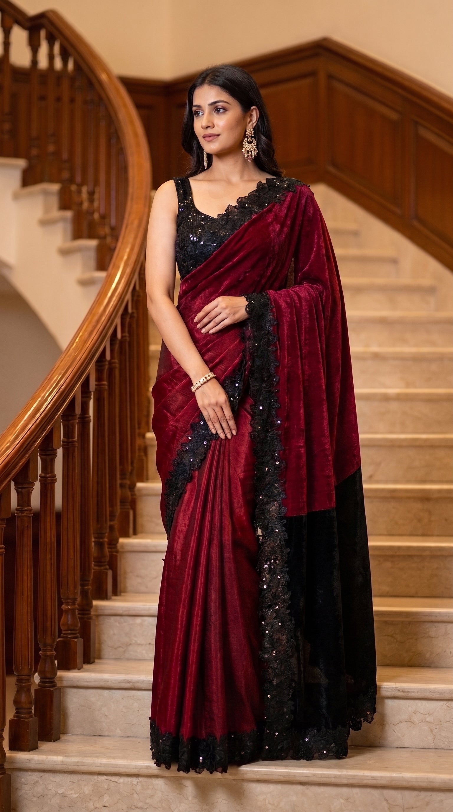 A full-length front portrait of a woman posing on a marble staircase, highlighting the flawless tailored silhouette, maroon and magenta color transition, and block-black pallu panel of her velvet silk saree