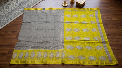 Maheshwari Silk Saree with Sanganery Handblock Print - Yellow