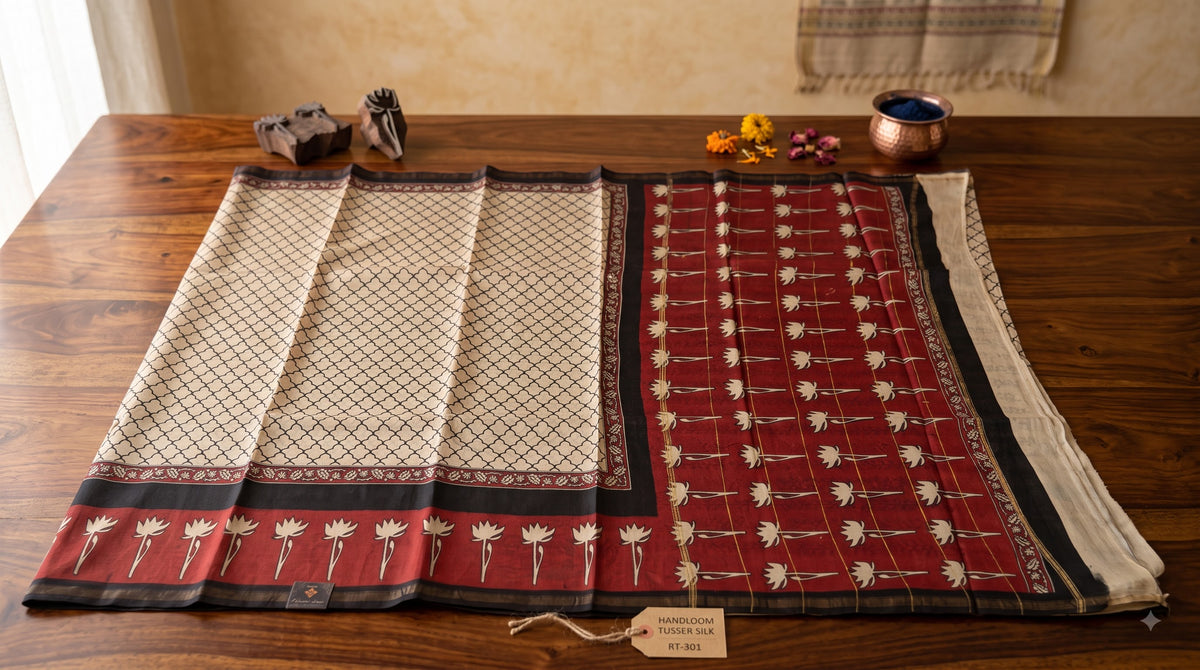 Chanderi Silk Saree with Red Lotus Motifs - Beige & Black