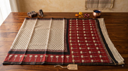 Chanderi Silk Saree with Red Lotus Motifs - Beige & Black
