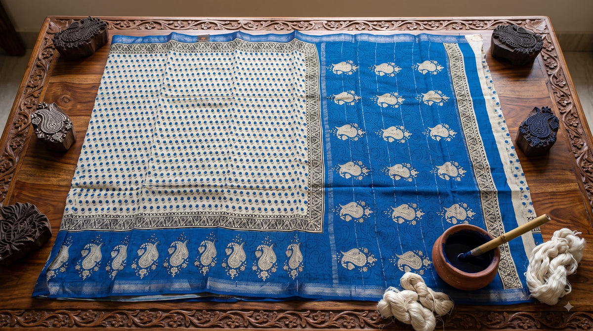 Maheshwari Silk Saree with Sanganery Handblock Print - Blue