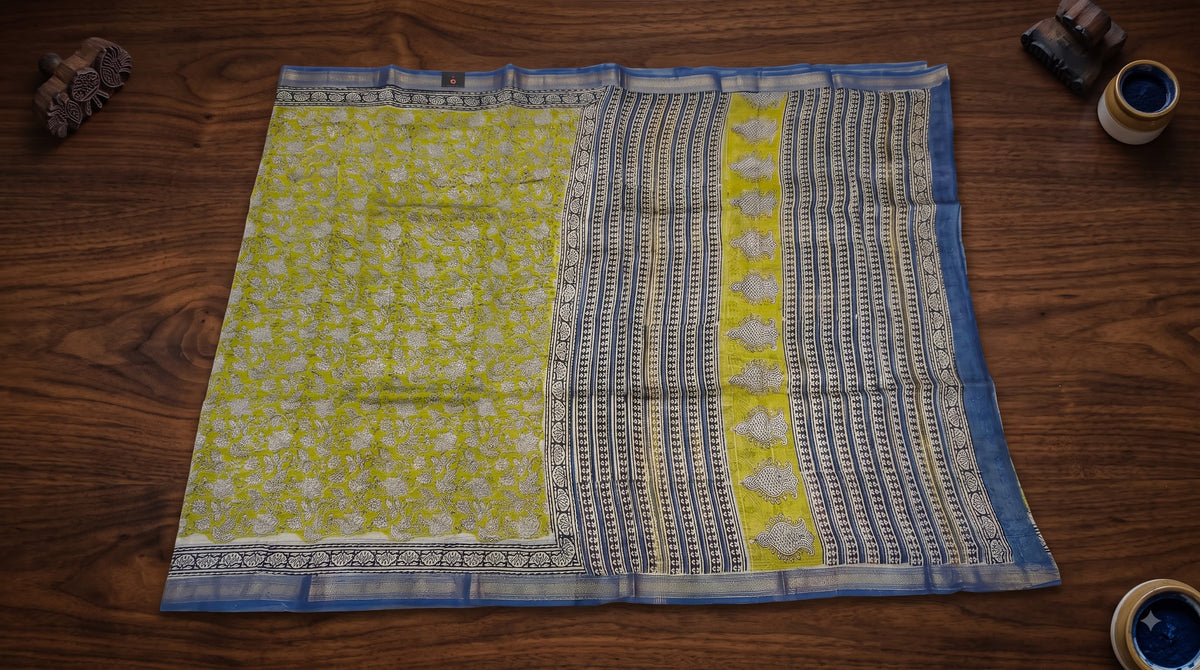 Maheshwari Silk Saree with Sanganery Handblock Print - Yellow with Blue