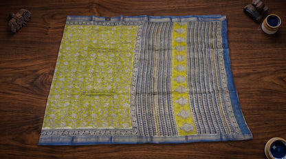 Maheshwari Silk Saree with Sanganery Handblock Print - Yellow with Blue