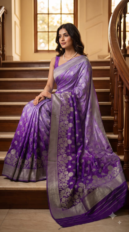 Crepe Silk Saree with Flowered Zari Border-Purple