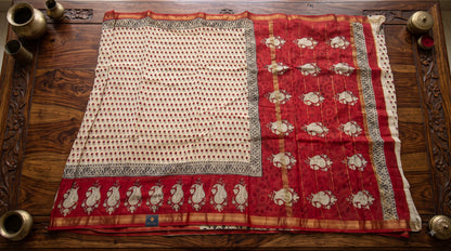 Maheshwari Silk Saree with Handblock Print - Beige & Red