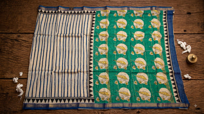 Maheshwari Silk Saree with Stripes with Green Handblock Pallu - Beige