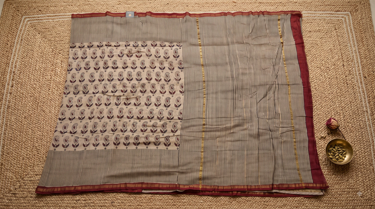 Chanderi Silk Saree with Stripes - Beige with Red