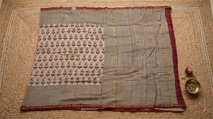 Chanderi Silk Saree with Stripes - Beige with Red