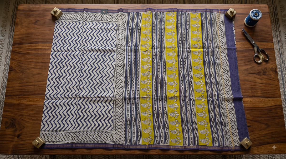 Chanderi Silk Saree with Zigzag Design - Beige & Purple