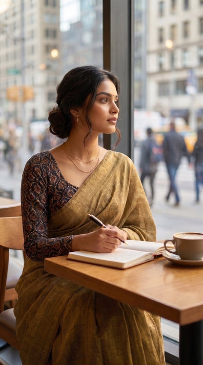 A candid portrait of a woman sitting at a wooden café table near a window, writing in a notebook next to a cup of coffee, highlighting her draped antique gold tissue cotton saree paired with a dark printed blouse
