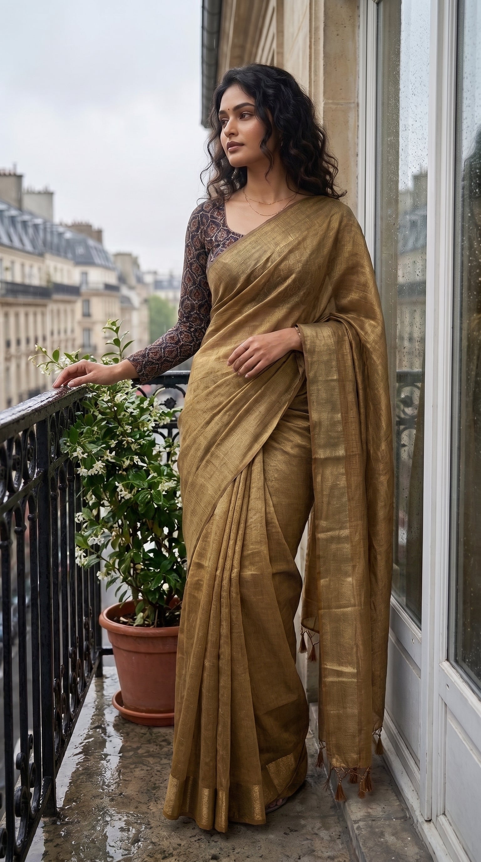 A full-length front portrait of a woman standing on a rainy Paris balcony, looking out thoughtfully while elegantly displaying the rich metallic sheen, gold border trim, and crisp pleats of her antique gold tissue cotton saree