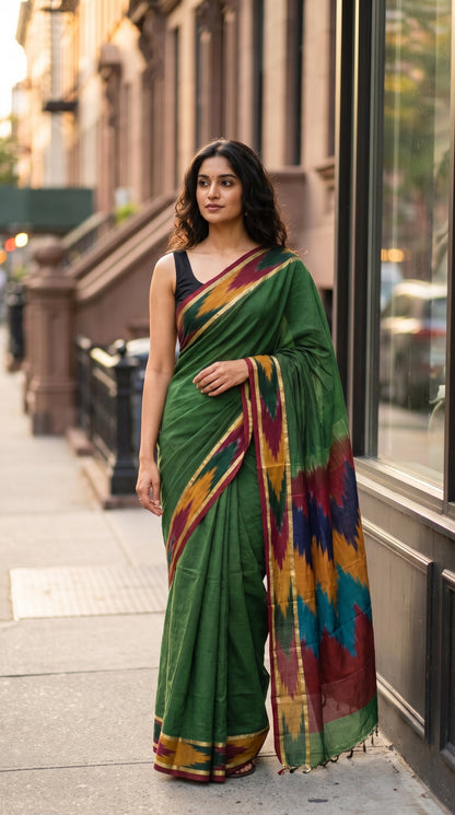 Woman wearing a handloom cotton saree with ikat border – green with magenta, yellow and green border on a city street.