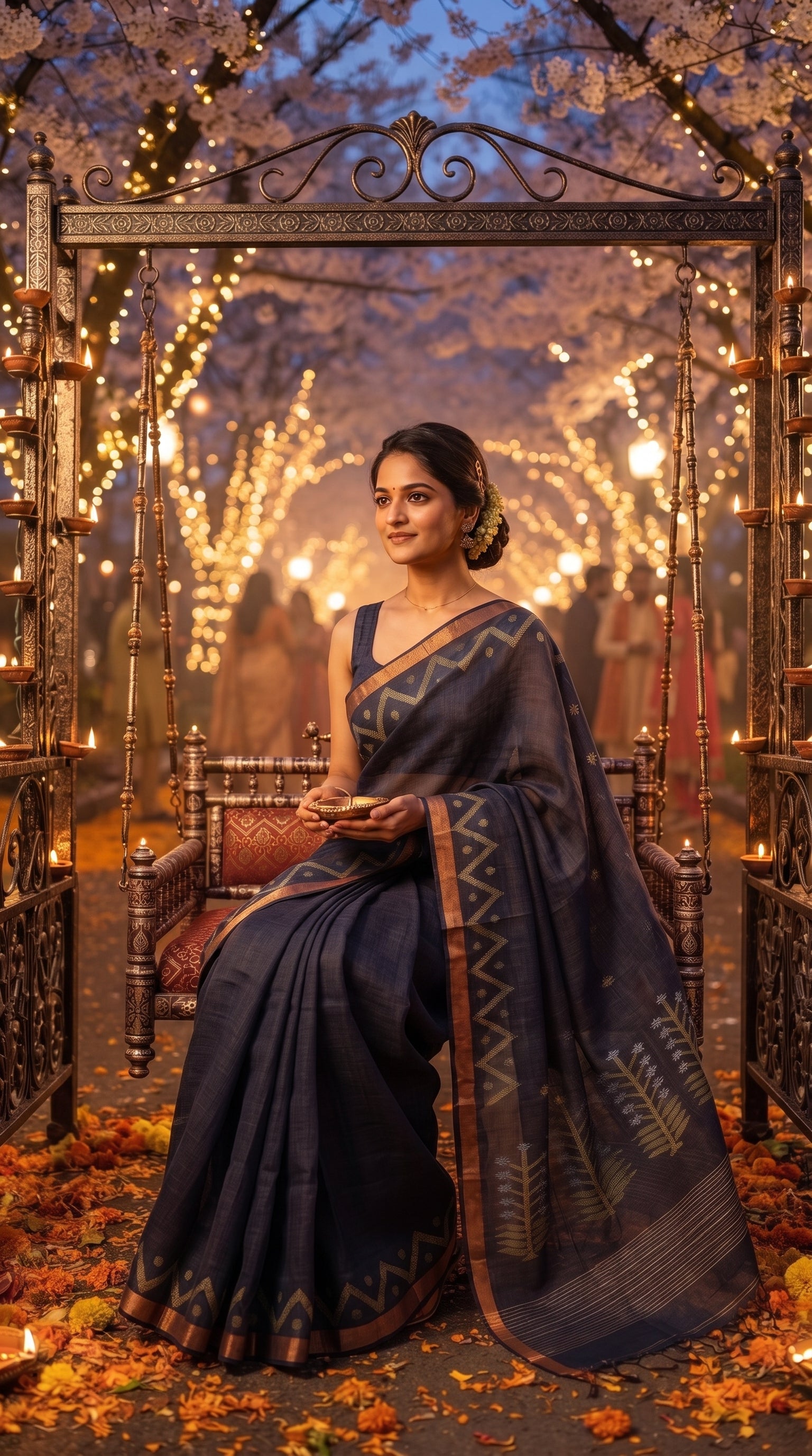 A model holding a clay diya sits on an ornate wooden swing under a festive archway illuminated by fairy lights and cherry blossoms, beautifully showcasing the rich metallic weave of her charcoal indigo saree