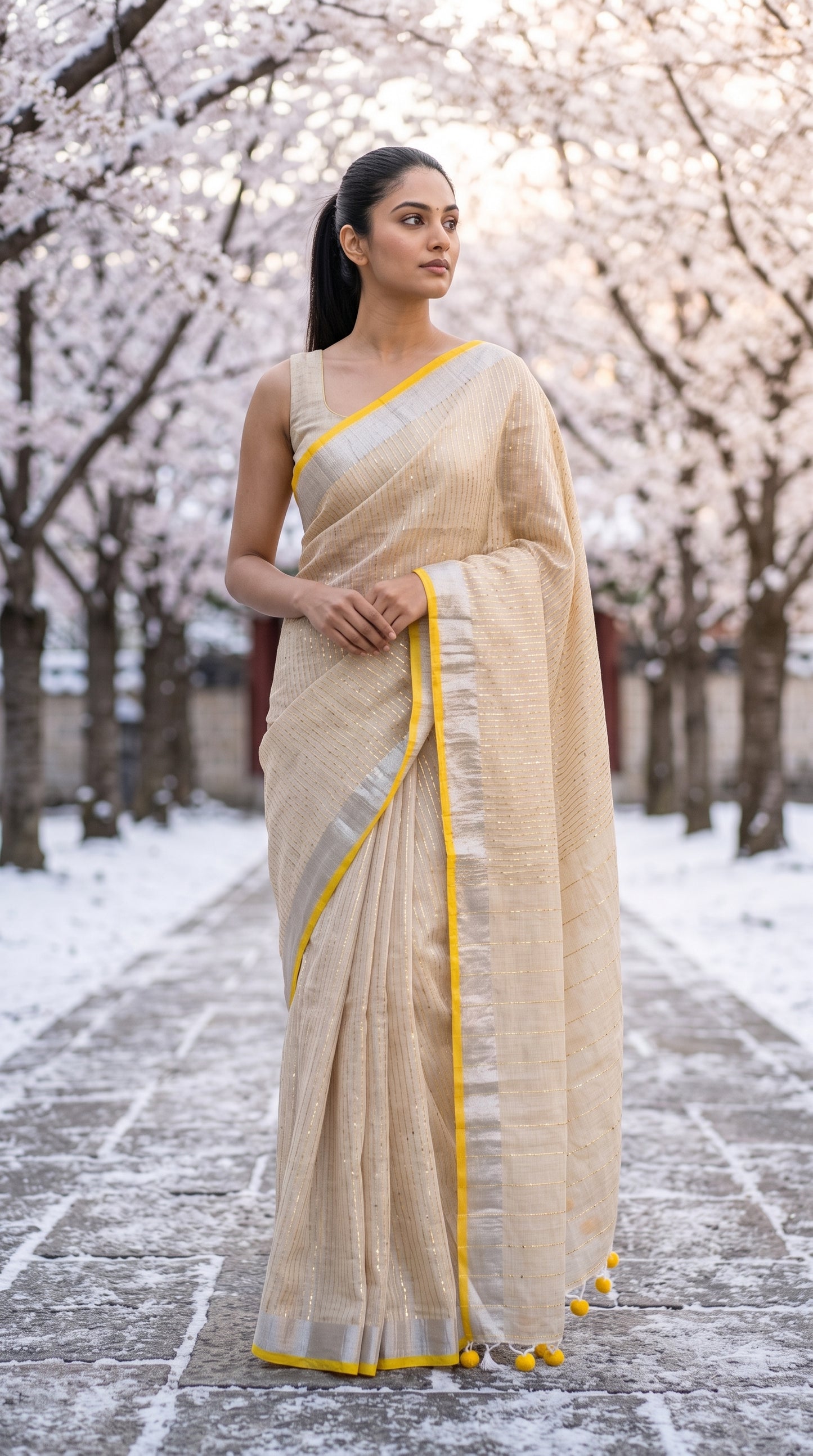 Full-length image of a woman posing on a stone path beneath snow-dusted cherry blossom trees, highlighting the straight silhouette and crisp yellow edges of a beige sequined saree
