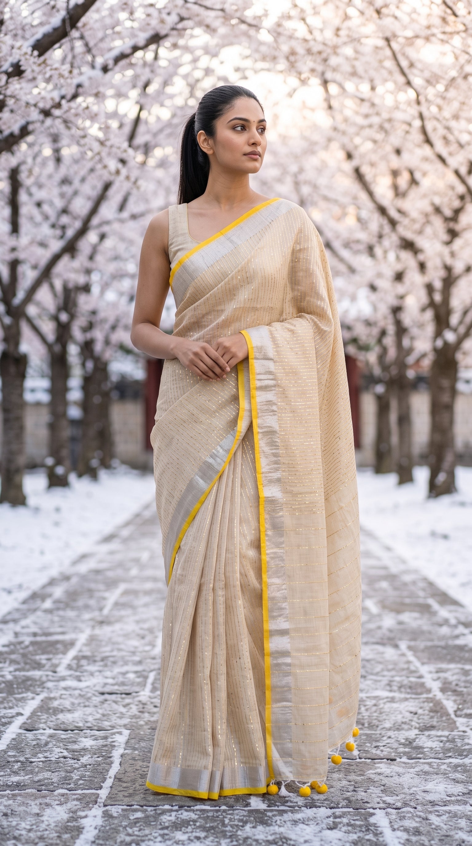 Full-length image of a woman posing on a stone path beneath snow-dusted cherry blossom trees, highlighting the straight silhouette and crisp yellow edges of a beige sequined saree
