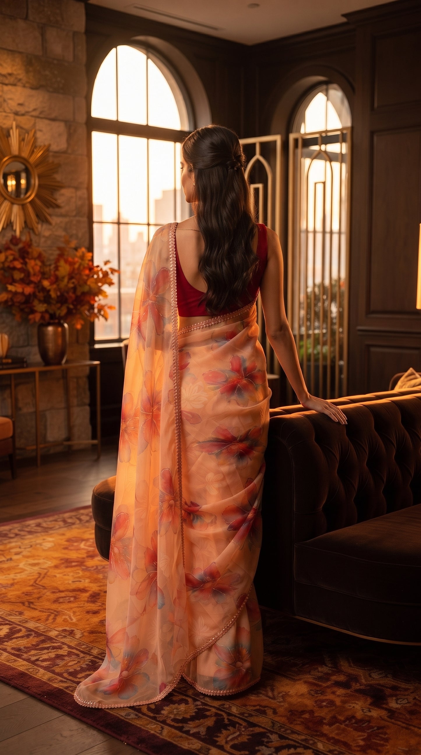 Peach Floral Chiffon Saree with Delicate Lace Border