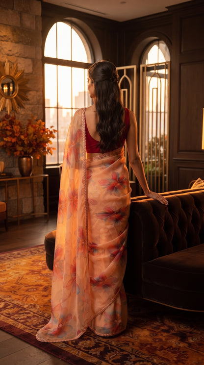 Peach Floral Chiffon Saree with Delicate Lace Border