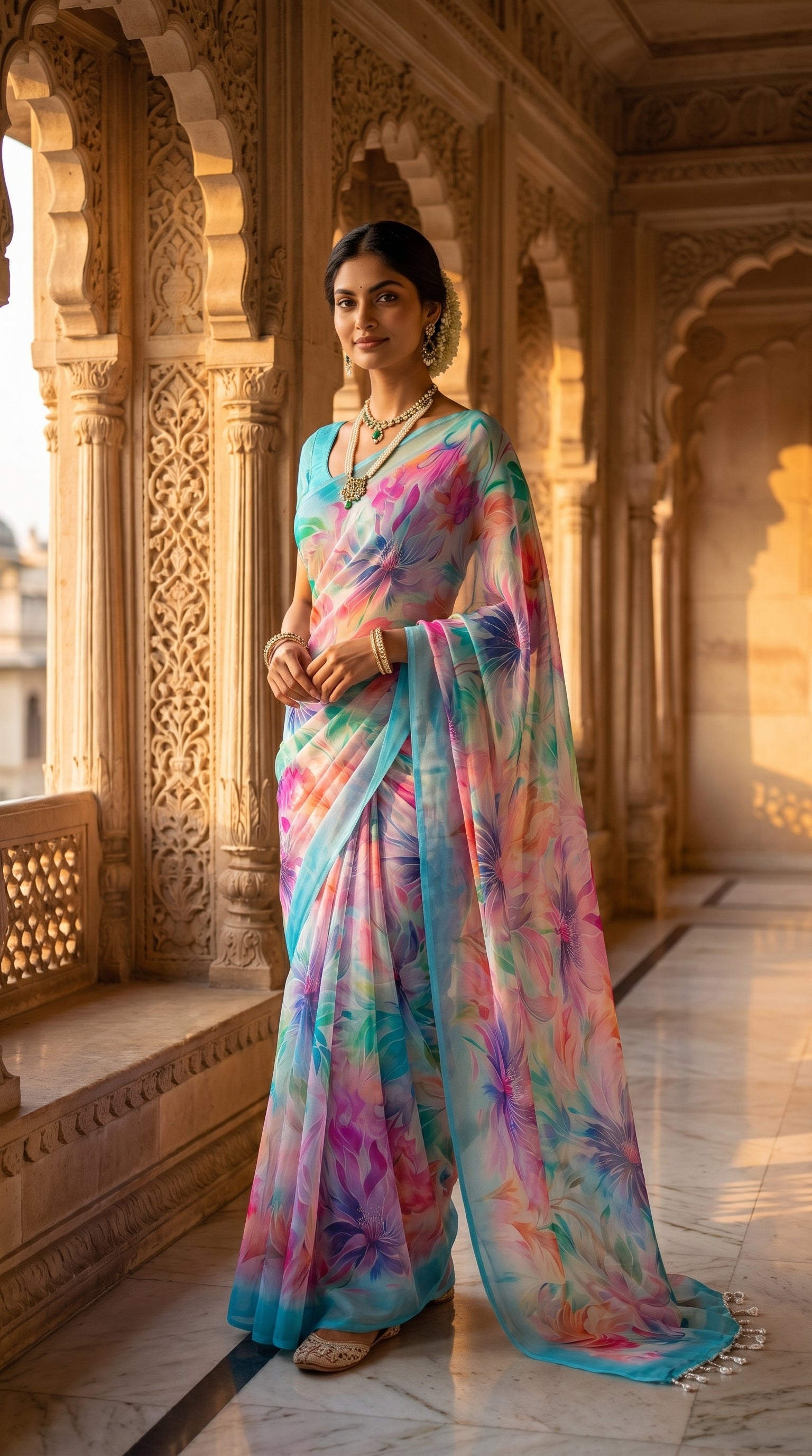 Full-length portrait of a smiling woman standing in a majestic palace corridor during golden hour, highlighting the graceful silhouette, micro-stitched borders, and trailing silver tassels of her sky blue saree