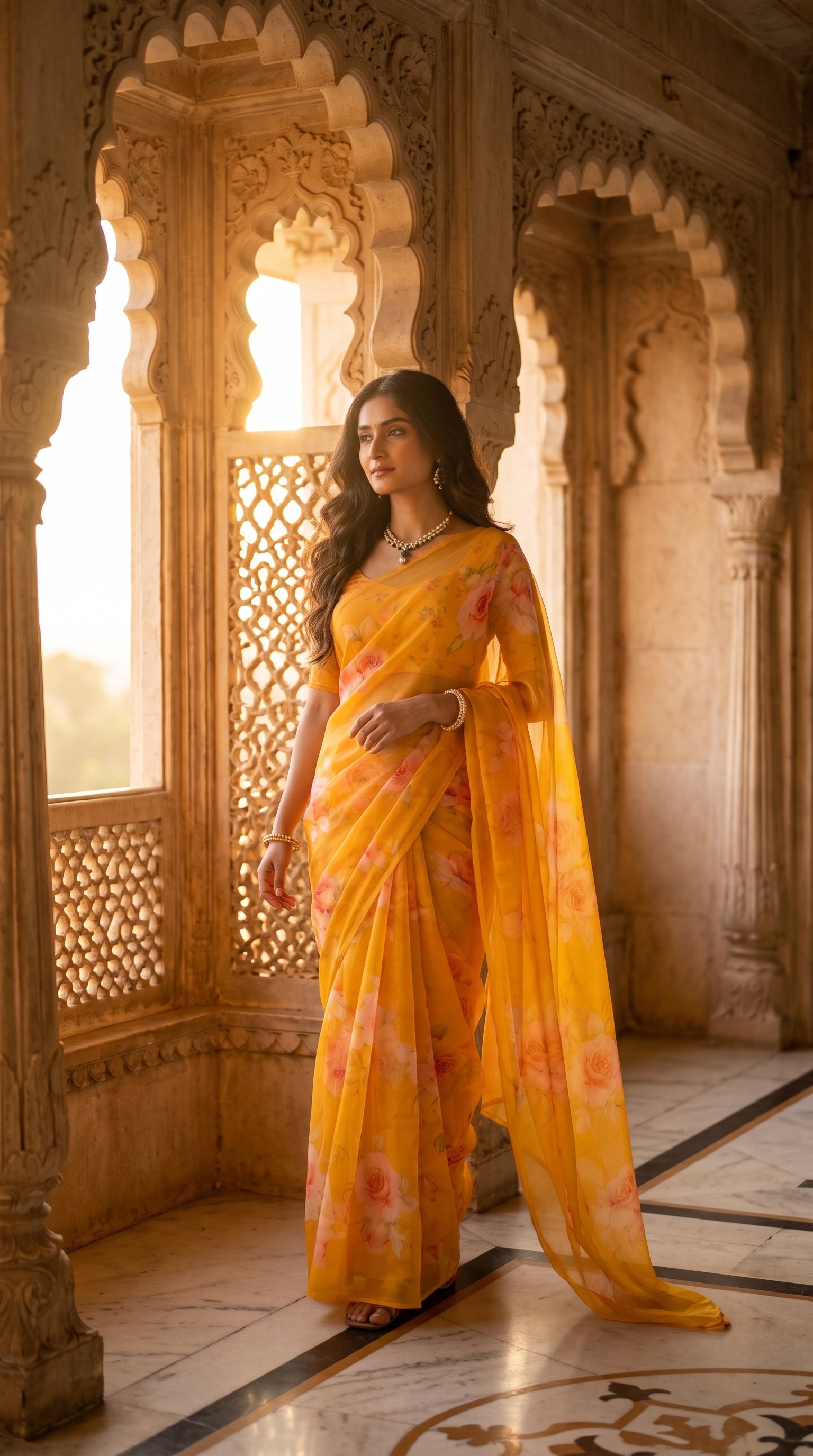 Full-length portrait of a woman standing near an open carved palace balcony at sunset, highlighting the delicate watercolor floral accents and graceful drape of her yellow pure chiffon saree